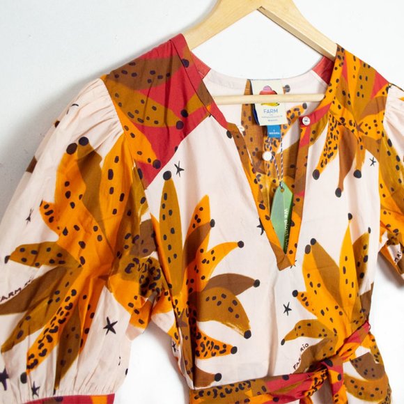 Farm Rio Creme & Brown Banana Puff Sleeve Dress - Picture 3 of 13